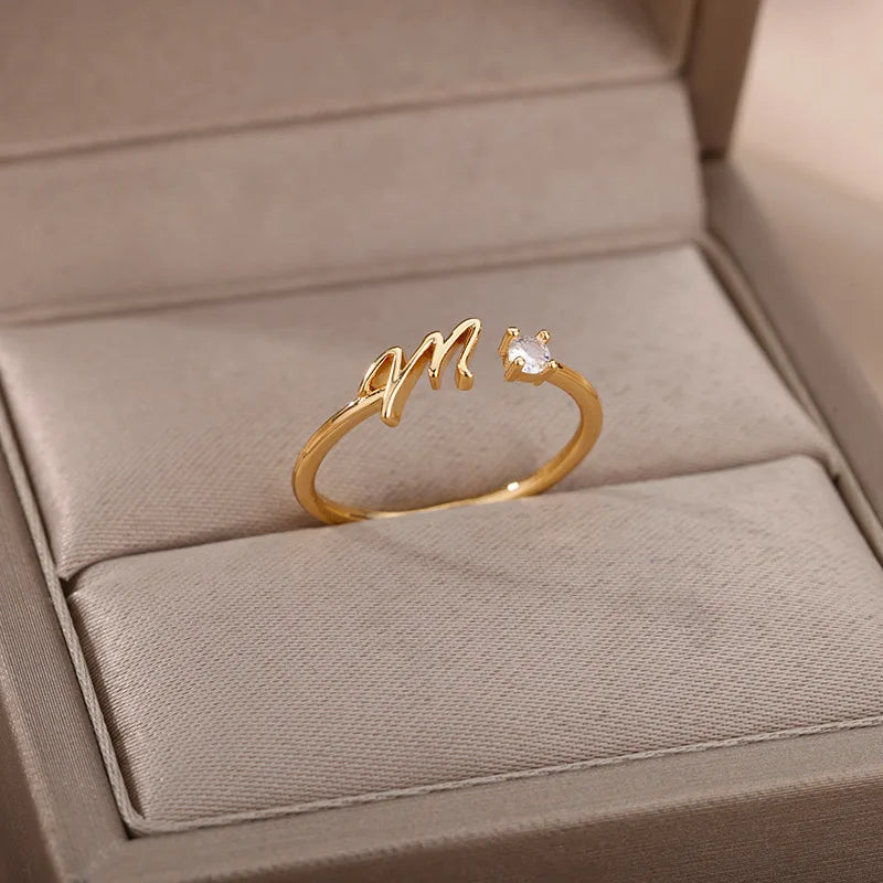 A-Z Initial Letter Rings for Women Adjustable Stainless Steel Ring Female Aesthetic Jewelry