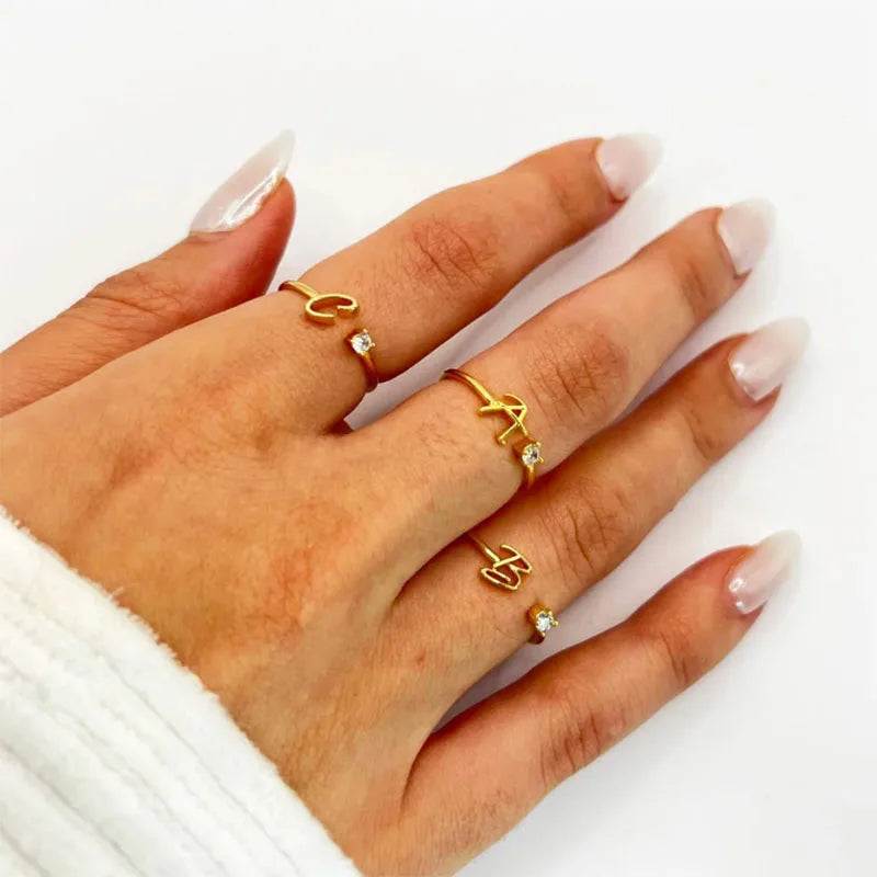 A-Z Initial Letter Rings for Women Adjustable Stainless Steel Ring Female Aesthetic Jewelry