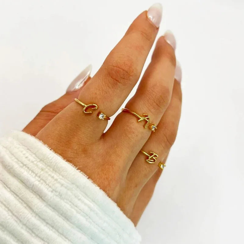 A-Z Initial Letter Rings for Women Adjustable Stainless Steel Ring Female Aesthetic Jewelry
