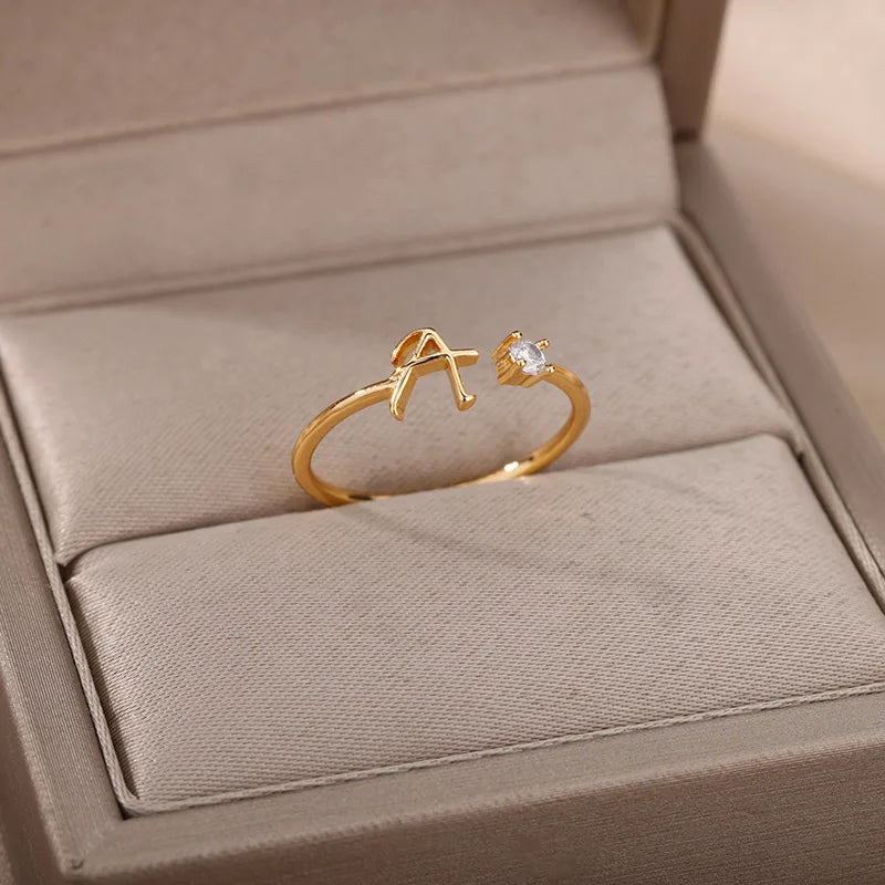 A-Z Initial Letter Rings for Women Adjustable Stainless Steel Ring Female Aesthetic Jewelry