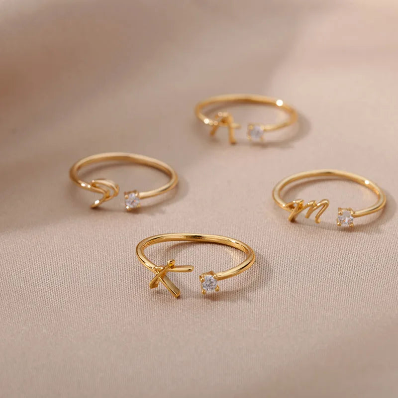 A-Z Initial Letter Rings for Women Adjustable Stainless Steel Ring Female Aesthetic Jewelry